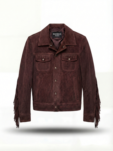 Men's brown suede fringe jacket with western yoke fringe and snap button closure, Front View. The Boone by Maverick Jacket.