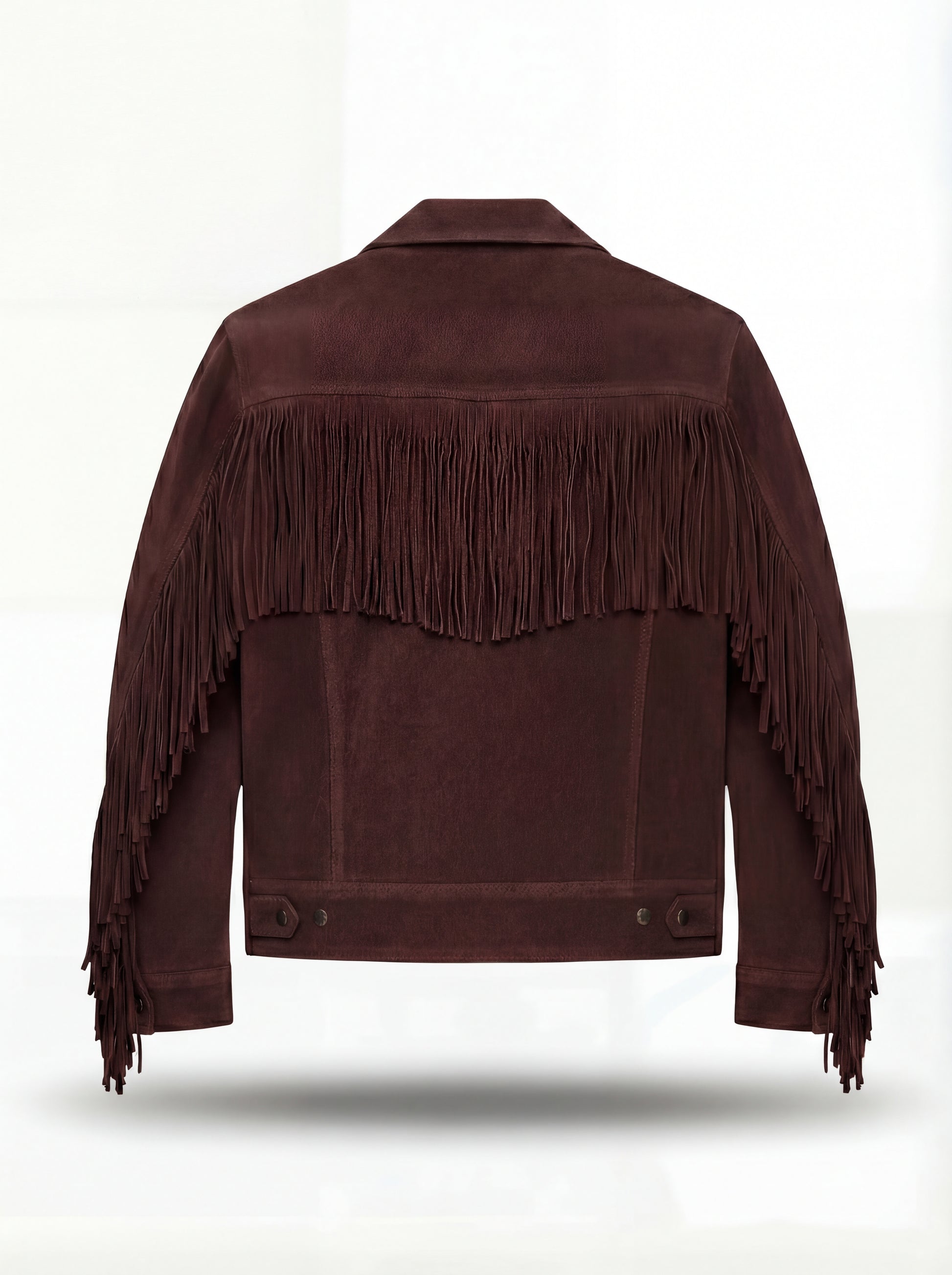 Rear view of brown suede fringe jacket showing western back yoke with fringe detailing. The Boone by Maverick Jacket.