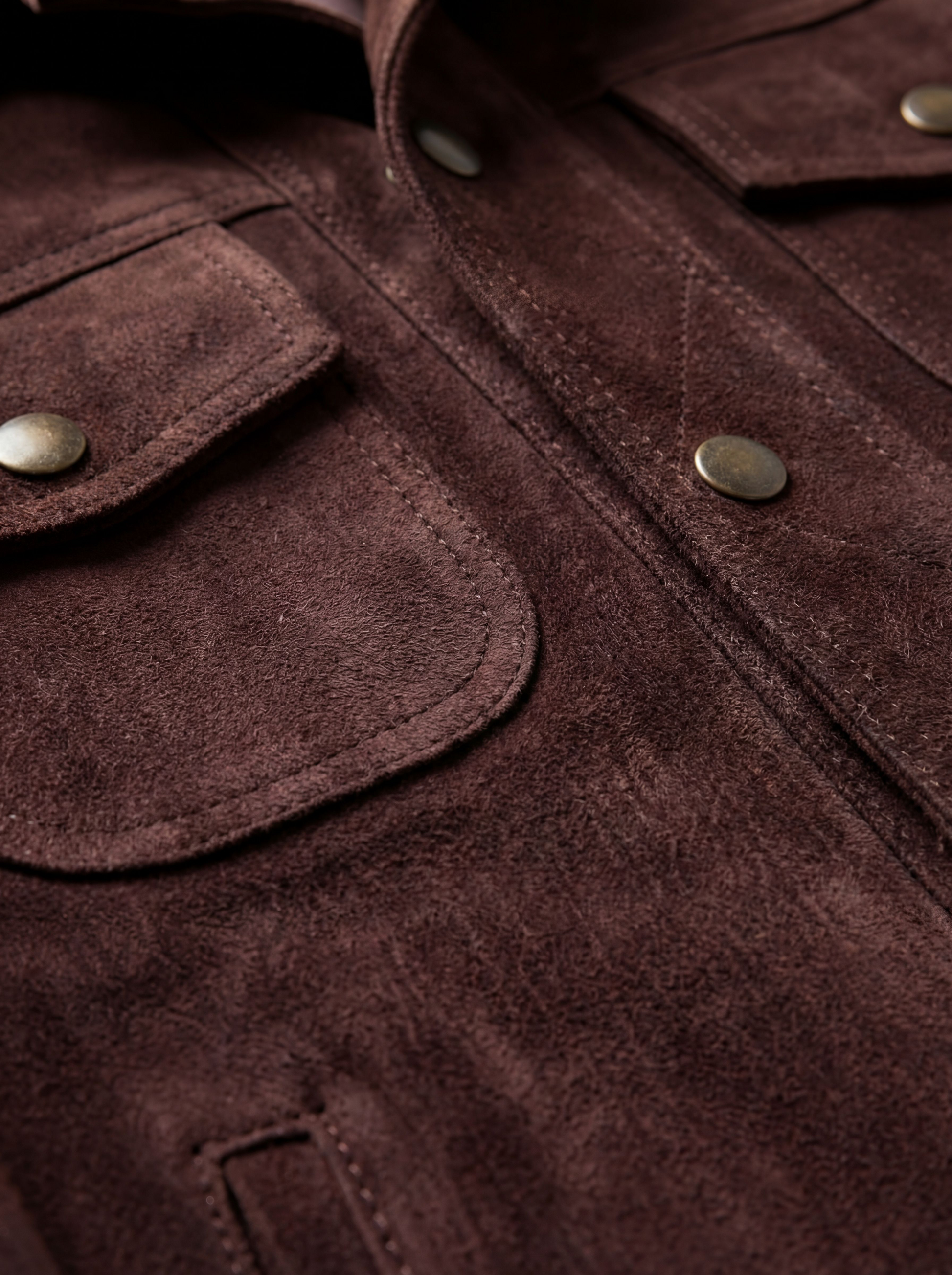 Macro shot of soft brown suede texture and fringe strand detailing on jacket. The Boone by Maverick Jacket.