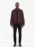 Male model wearing Maverick Boone suede fringe jacket, regular fit, styled with black jeans. Maverick Jacket.