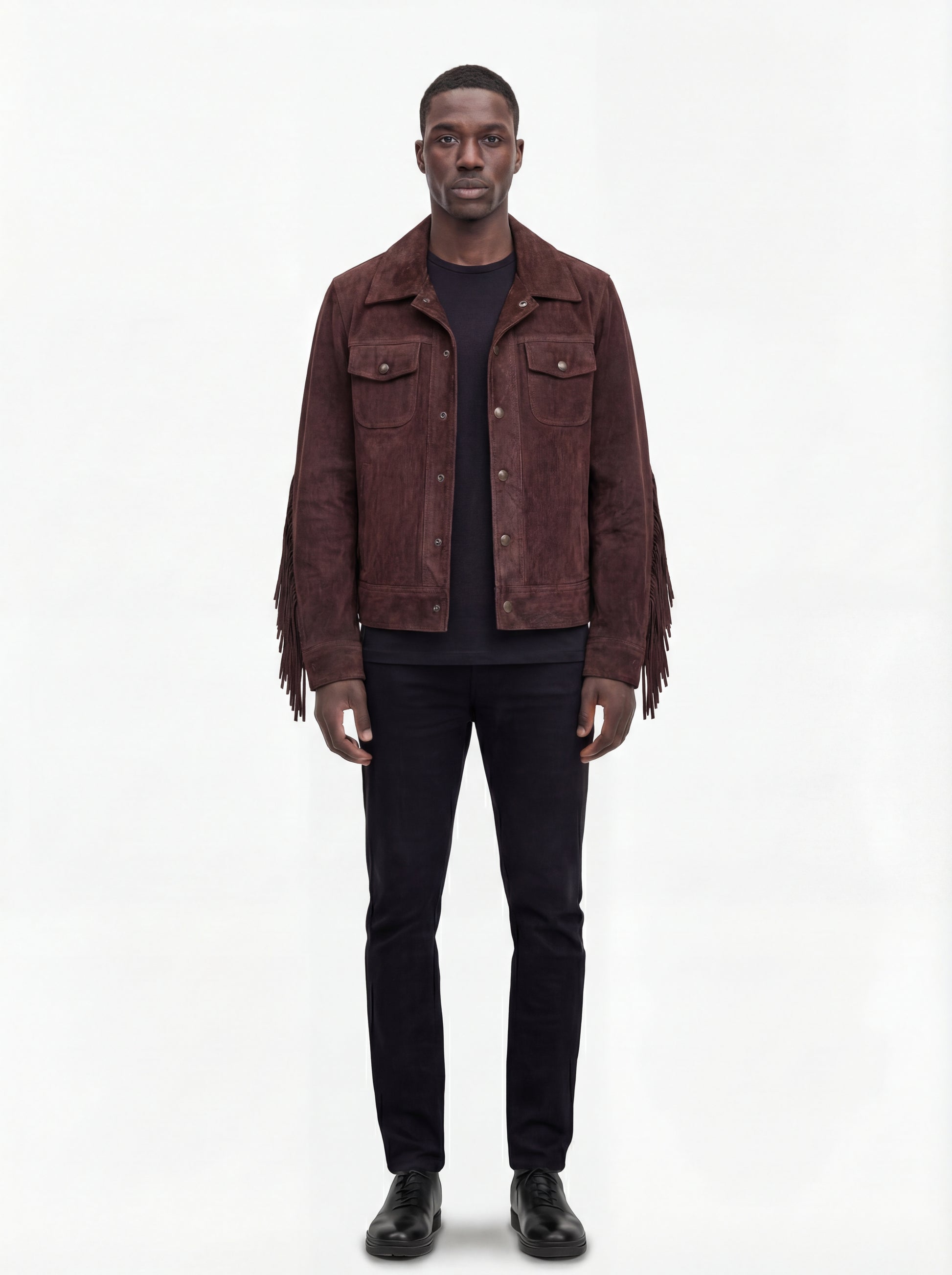 Male model wearing Maverick Boone suede fringe jacket, regular fit, styled with black jeans. Maverick Jacket.