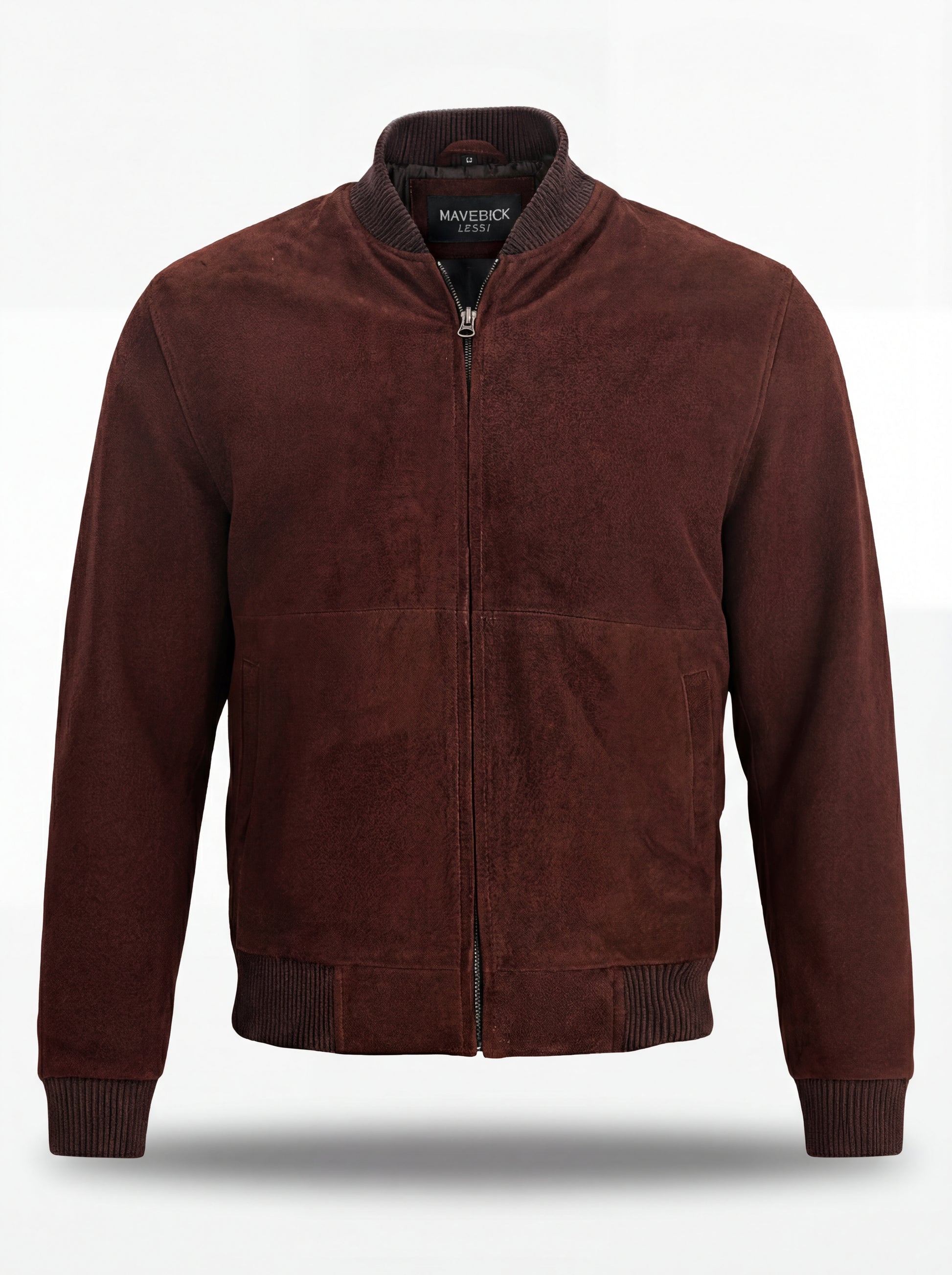 Men's brown suede bomber jacket with ribbed knit standing collar and silver zipper closure, Front View. The Miles by Maverick Jacket.