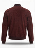 Rear view of brown suede bomber jacket showing clean back paneling and ribbed hem. The Miles by Maverick Jacket.