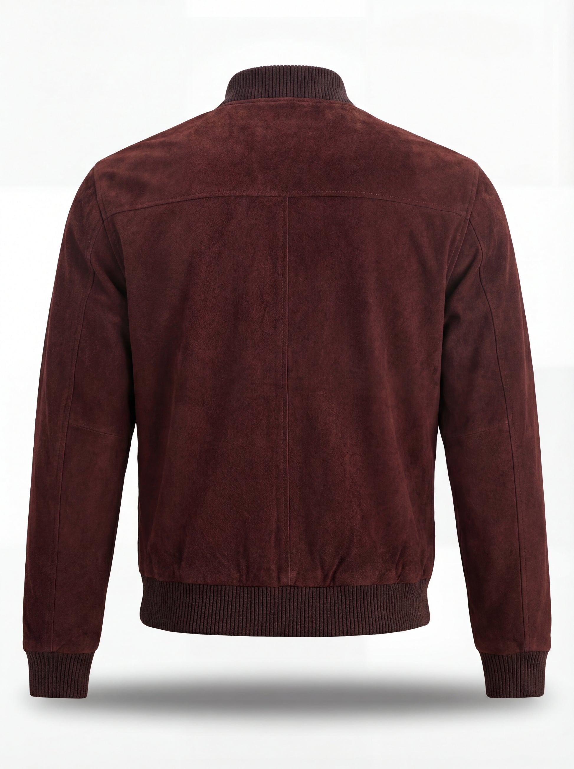 Rear view of brown suede bomber jacket showing clean back paneling and ribbed hem. The Miles by Maverick Jacket.