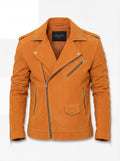 Men's orange suede biker jacket with asymmetrical zipper closure and notched lapels, Front View. The Dylan by Maverick Jacket.