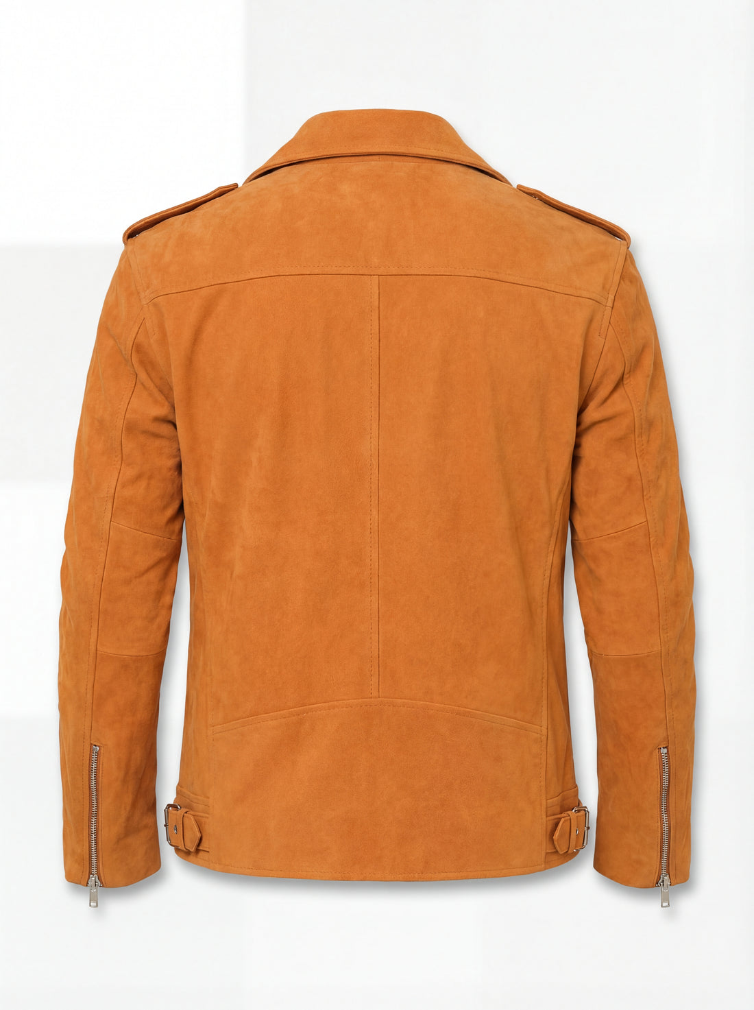 Men's orange suede biker jacket with asymmetrical zipper closure and notched lapels, Front View. The Dylan by Maverick Jacket.