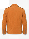 Rear view of orange suede biker jacket showing clean back paneling and adjustable waist tabs. The Dylan by Maverick Jacket.