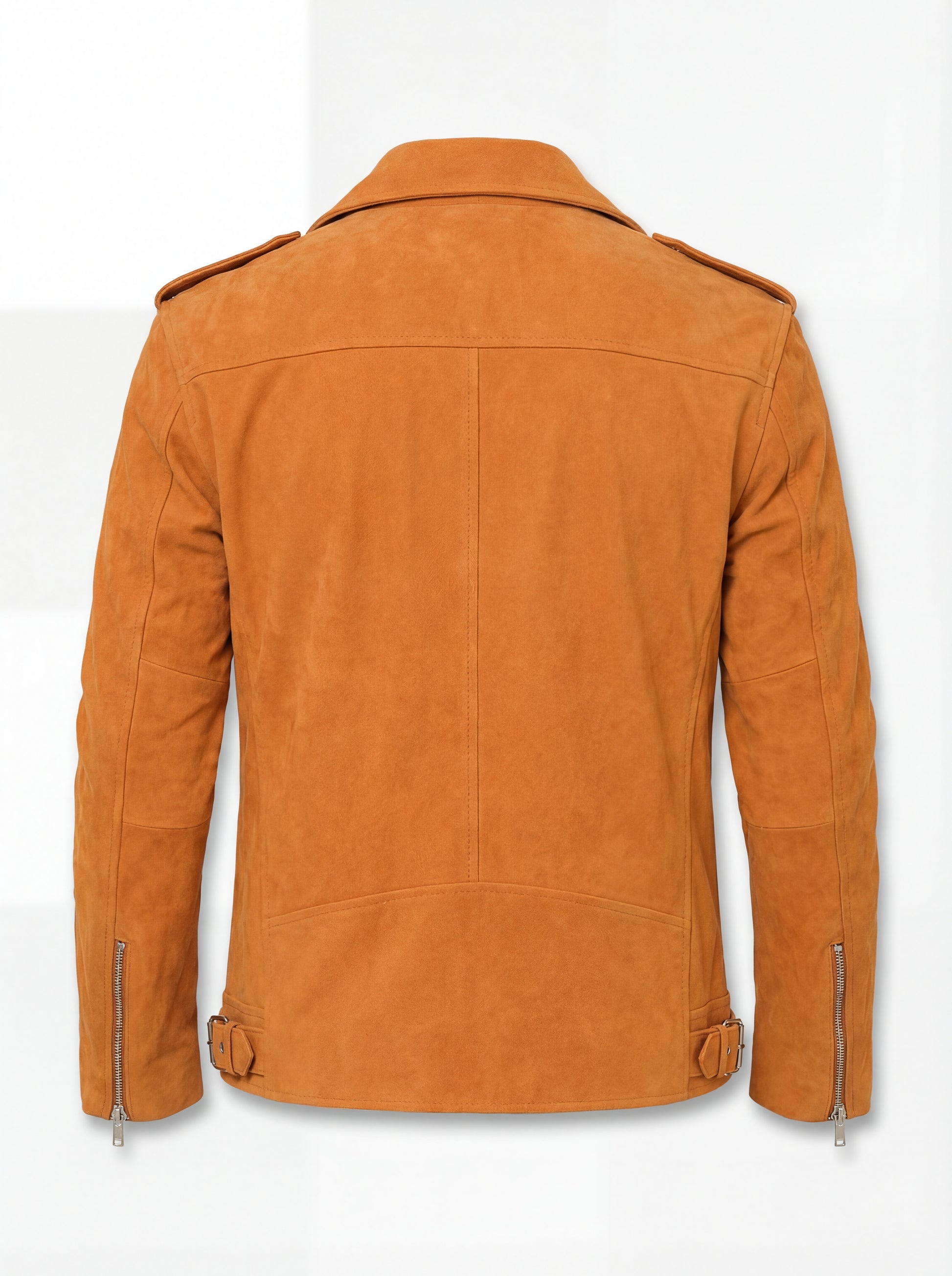 Rear view of orange suede biker jacket showing clean back paneling and adjustable waist tabs. The Dylan by Maverick Jacket.