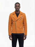 Male model wearing Maverick Dylan suede biker jacket, slim fit, styled with black skinny jeans. Maverick Jacket.