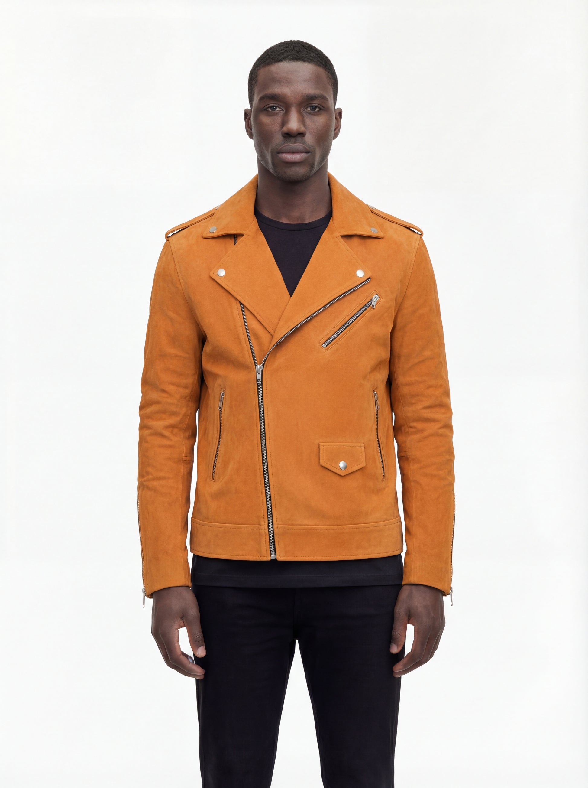 Male model wearing Maverick Dylan suede biker jacket, slim fit, styled with black skinny jeans. Maverick Jacket.