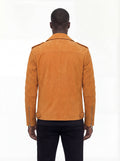 Rear view of male model wearing Maverick Dylan suede biker jacket showing tailored shoulder fit and clean back styling. Maverick Jacket.