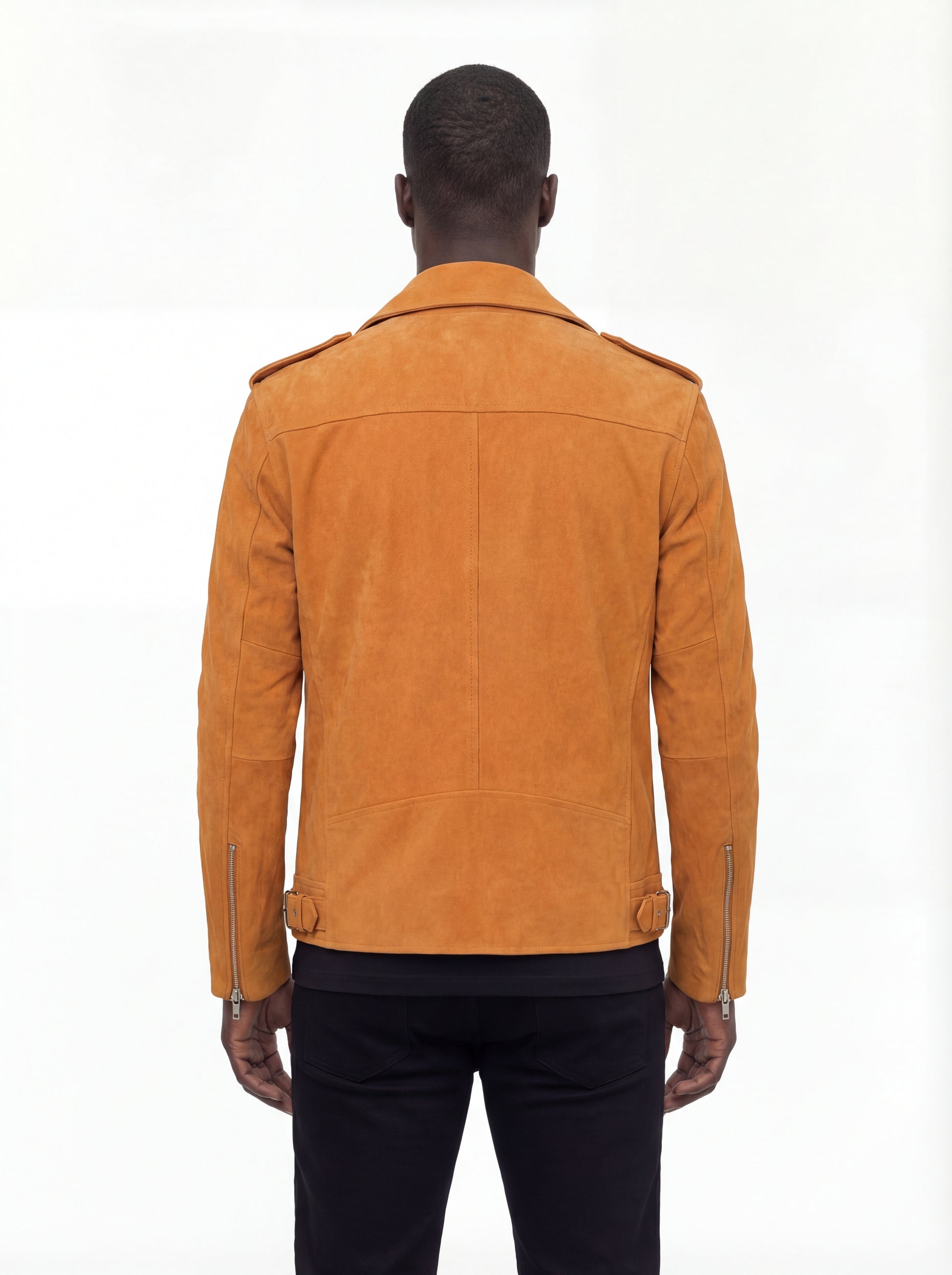 Rear view of male model wearing Maverick Dylan suede biker jacket showing tailored shoulder fit and clean back styling. Maverick Jacket.