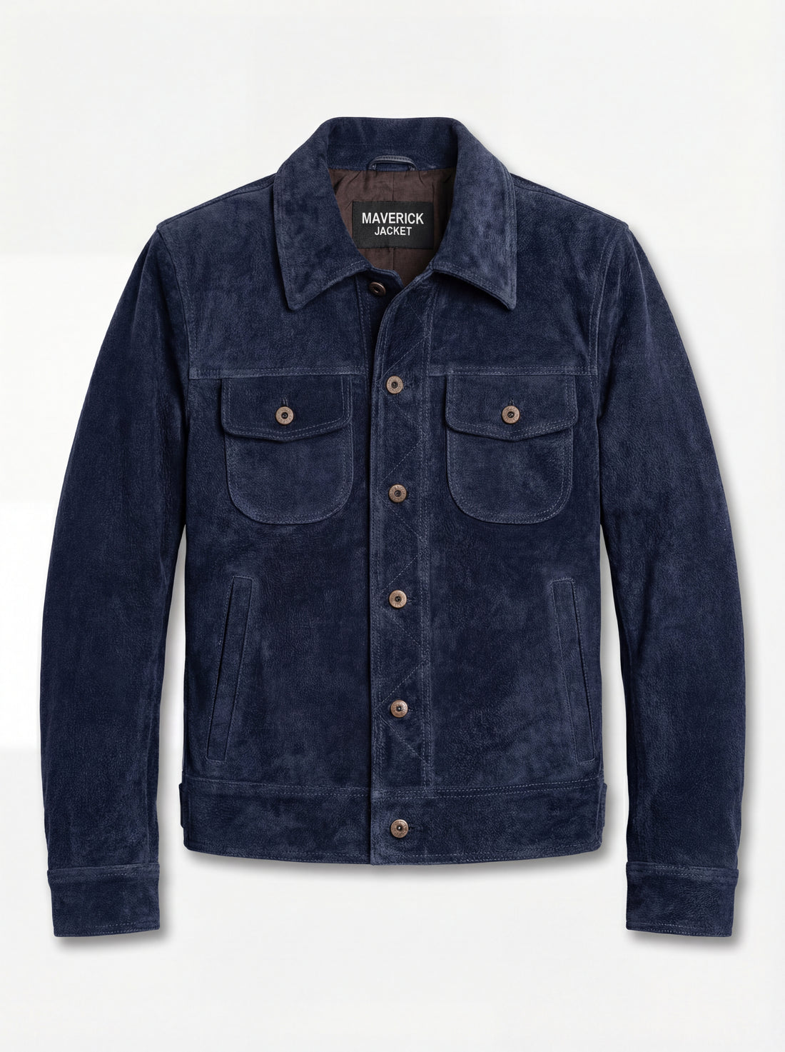 Men's navy suede trucker jacket with silver snap buttons and dual chest flap pockets, Front View. The August by Maverick Jacket.