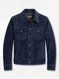 Men's navy suede trucker jacket with silver snap buttons and dual chest flap pockets, Front View. The August by Maverick Jacket.