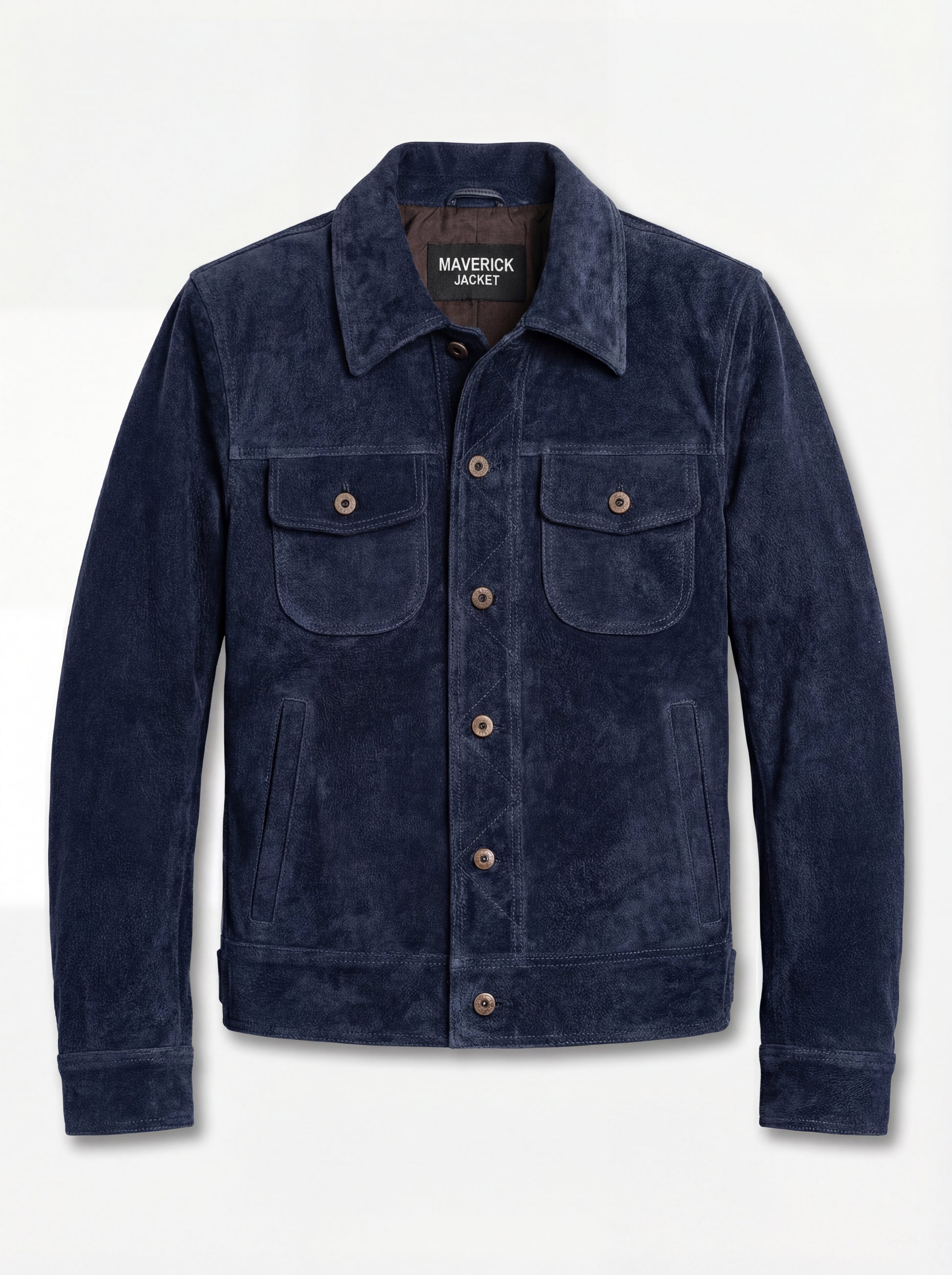 Men's navy suede trucker jacket with silver snap buttons and dual chest flap pockets, Front View. The August by Maverick Jacket.