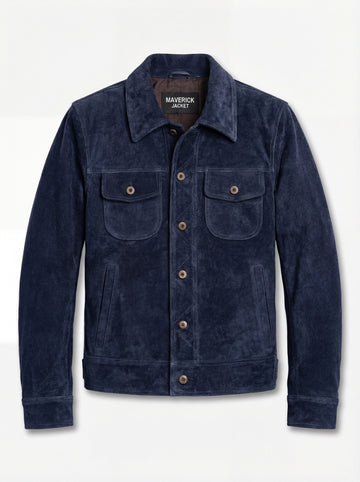 Men's navy suede trucker jacket with silver snap buttons and dual chest flap pockets, Front View. The August by Maverick Jacket.
