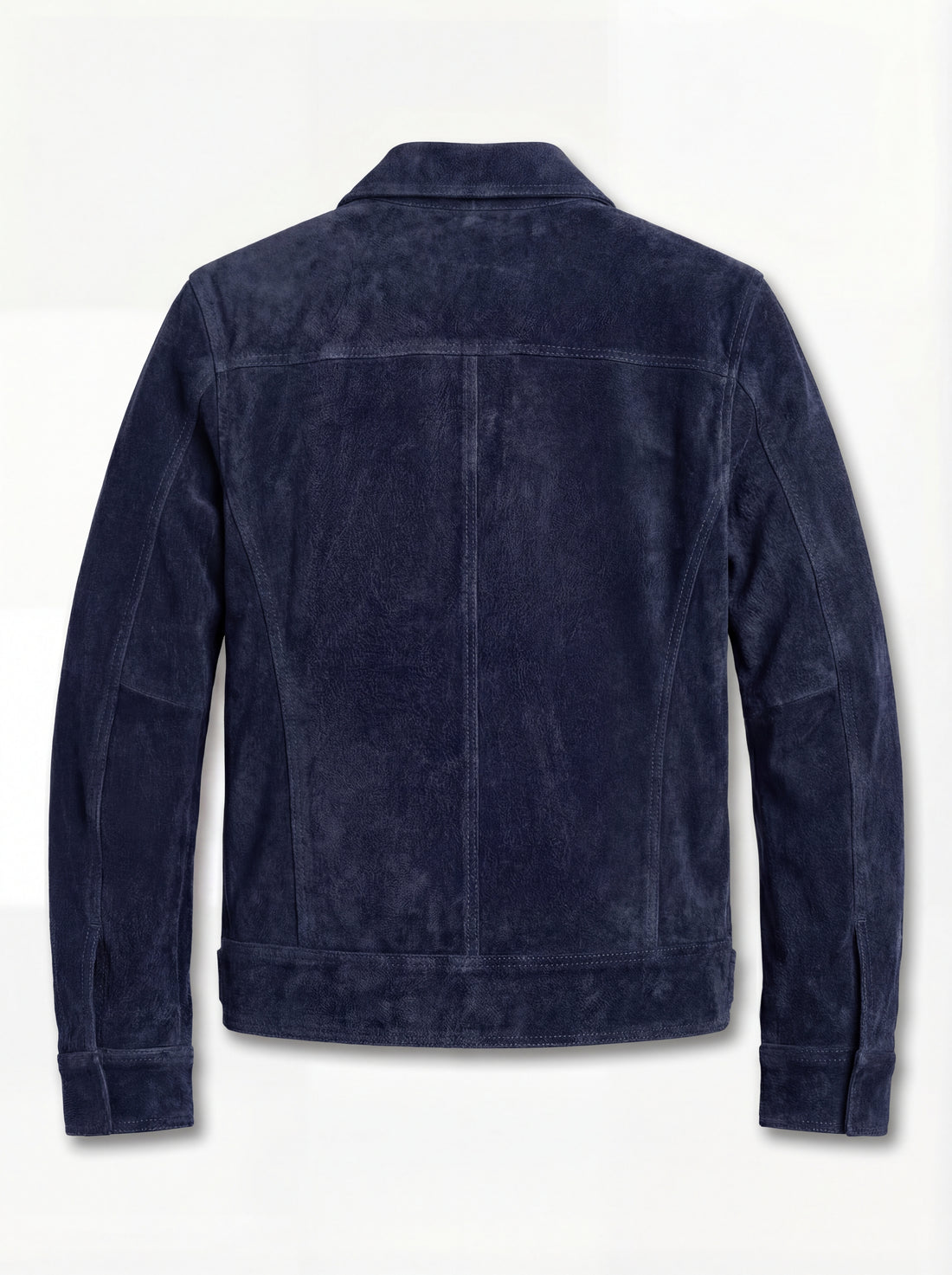 Men's navy suede trucker jacket with silver snap buttons and dual chest flap pockets, Front View. The August by Maverick Jacket.