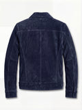 Rear view of navy suede trucker jacket showing structured back yoke and adjustable waist tabs. The August by Maverick Jacket.