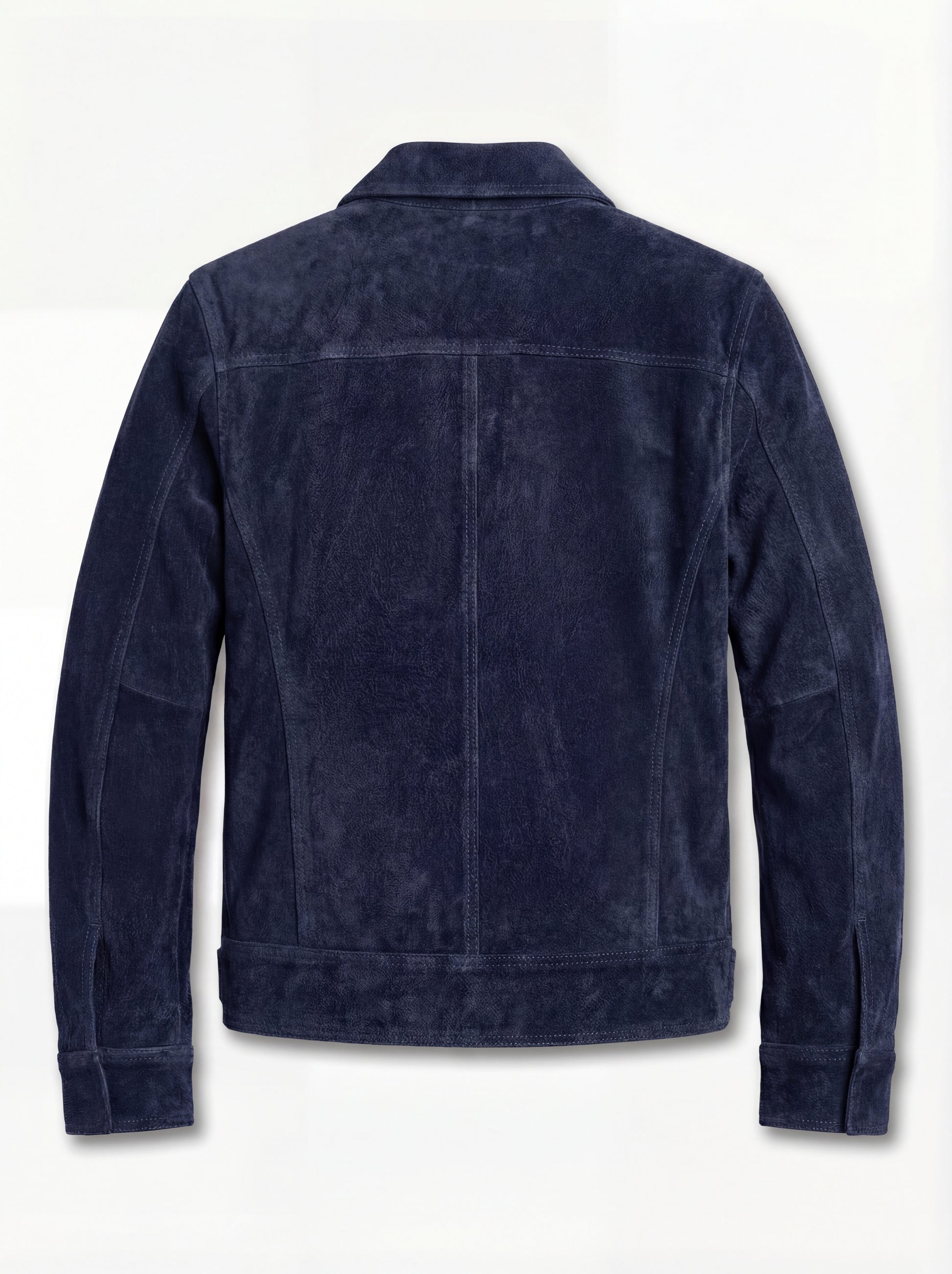 Rear view of navy suede trucker jacket showing structured back yoke and adjustable waist tabs. The August by Maverick Jacket.