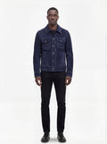 Male model wearing Maverick August suede trucker jacket, regular fit, styled with black jeans. Maverick Jacket.