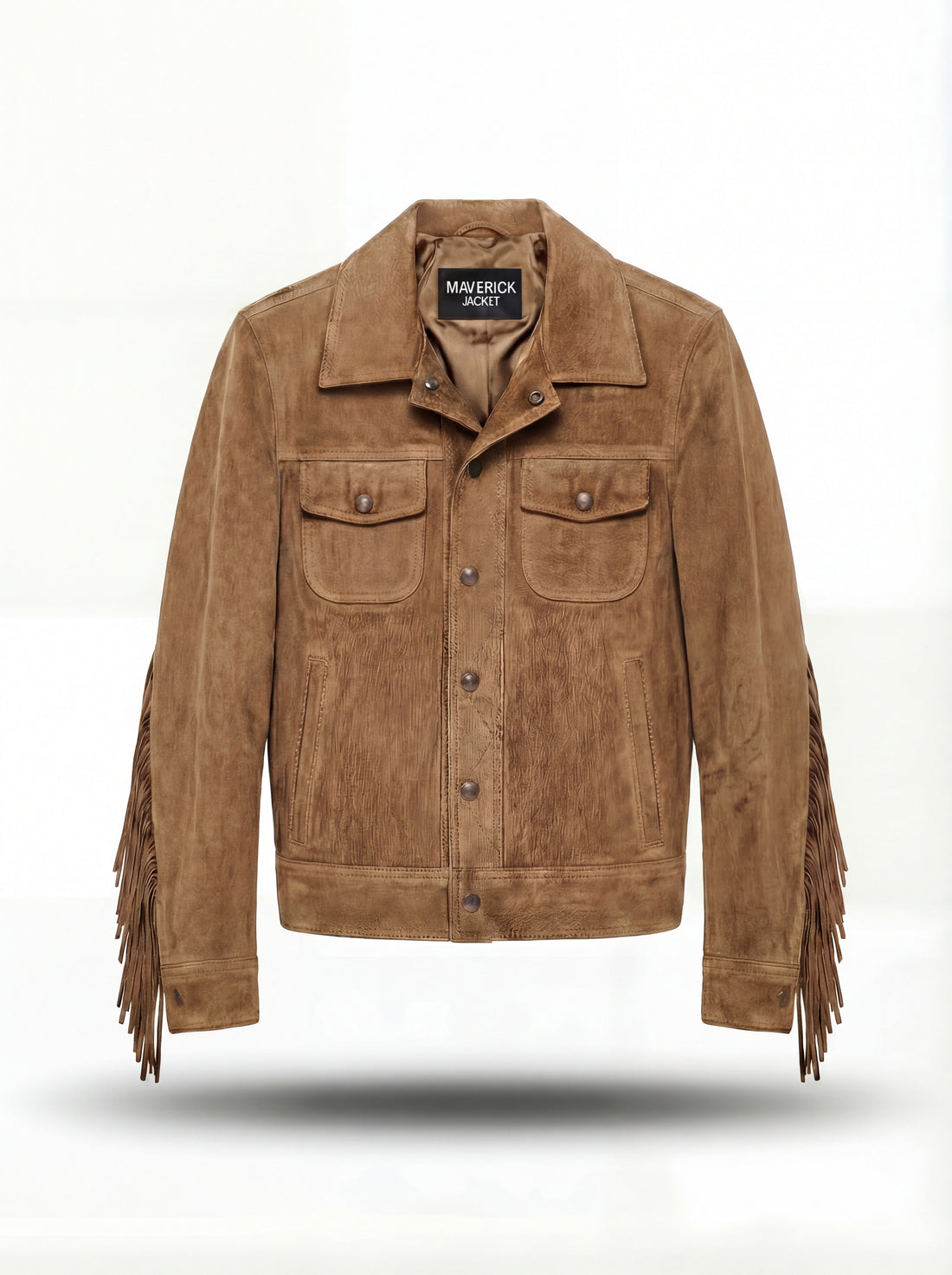 Men's tan suede fringe jacket with western yoke fringe and snap button closure, Front View. The Cassidy by Maverick Jacket.