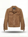 Men's tan suede fringe jacket with western yoke fringe and snap button closure, Front View. The Cassidy by Maverick Jacket.