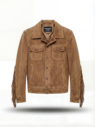 Men's tan suede fringe jacket with western yoke fringe and snap button closure, Front View. The Cassidy by Maverick Jacket.