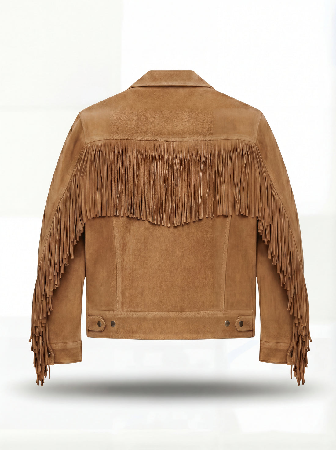 Men's tan suede fringe jacket with western yoke fringe and snap button closure, Front View. The Cassidy by Maverick Jacket.