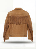 Rear view of tan suede fringe jacket showing western back yoke with fringe detailing. The Cassidy by Maverick Jacket.
