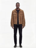 Male model wearing Maverick Cassidy suede fringe jacket, regular fit, styled with black jeans. Maverick Jacket.