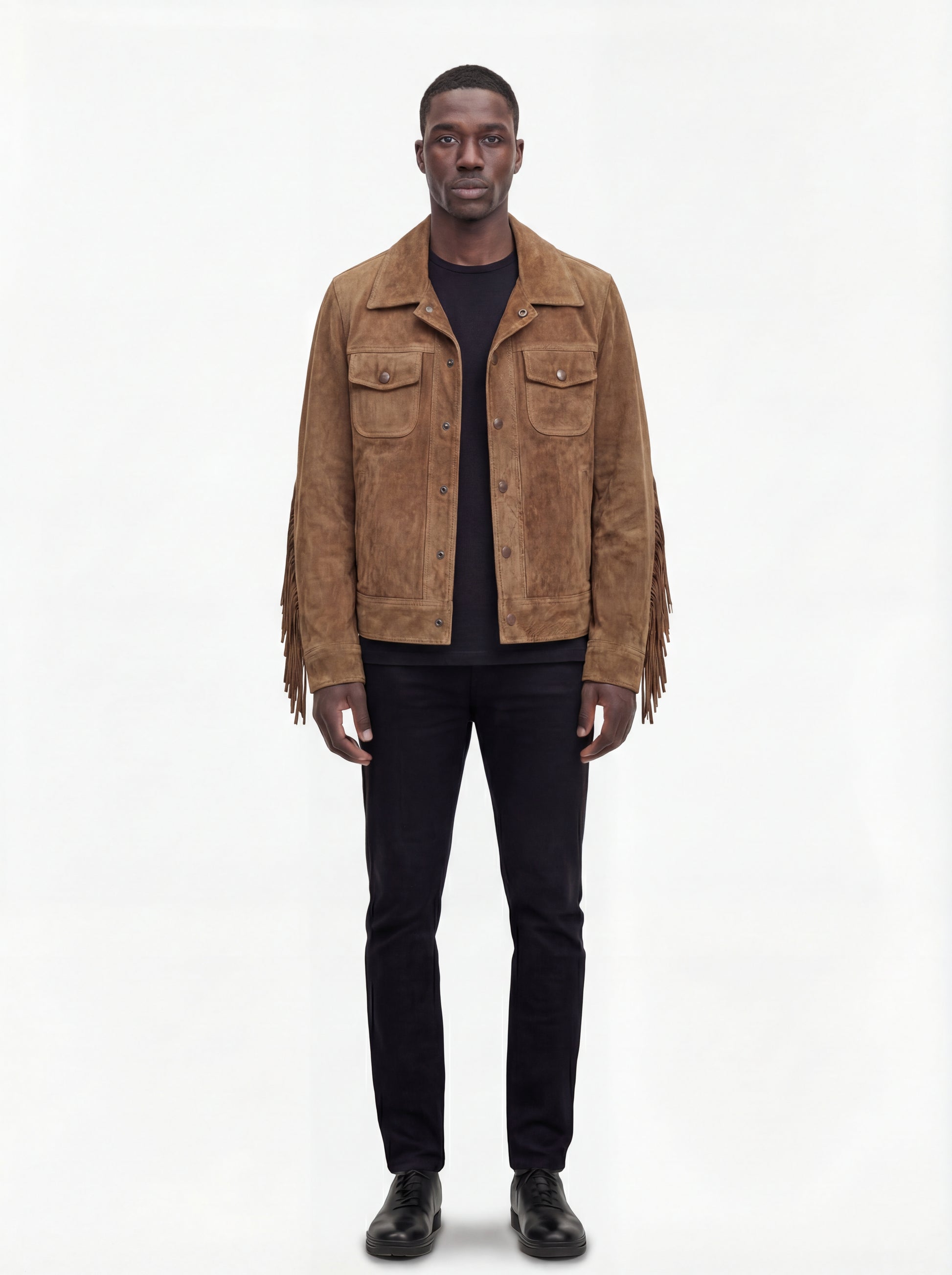 Male model wearing Maverick Cassidy suede fringe jacket, regular fit, styled with black jeans. Maverick Jacket.