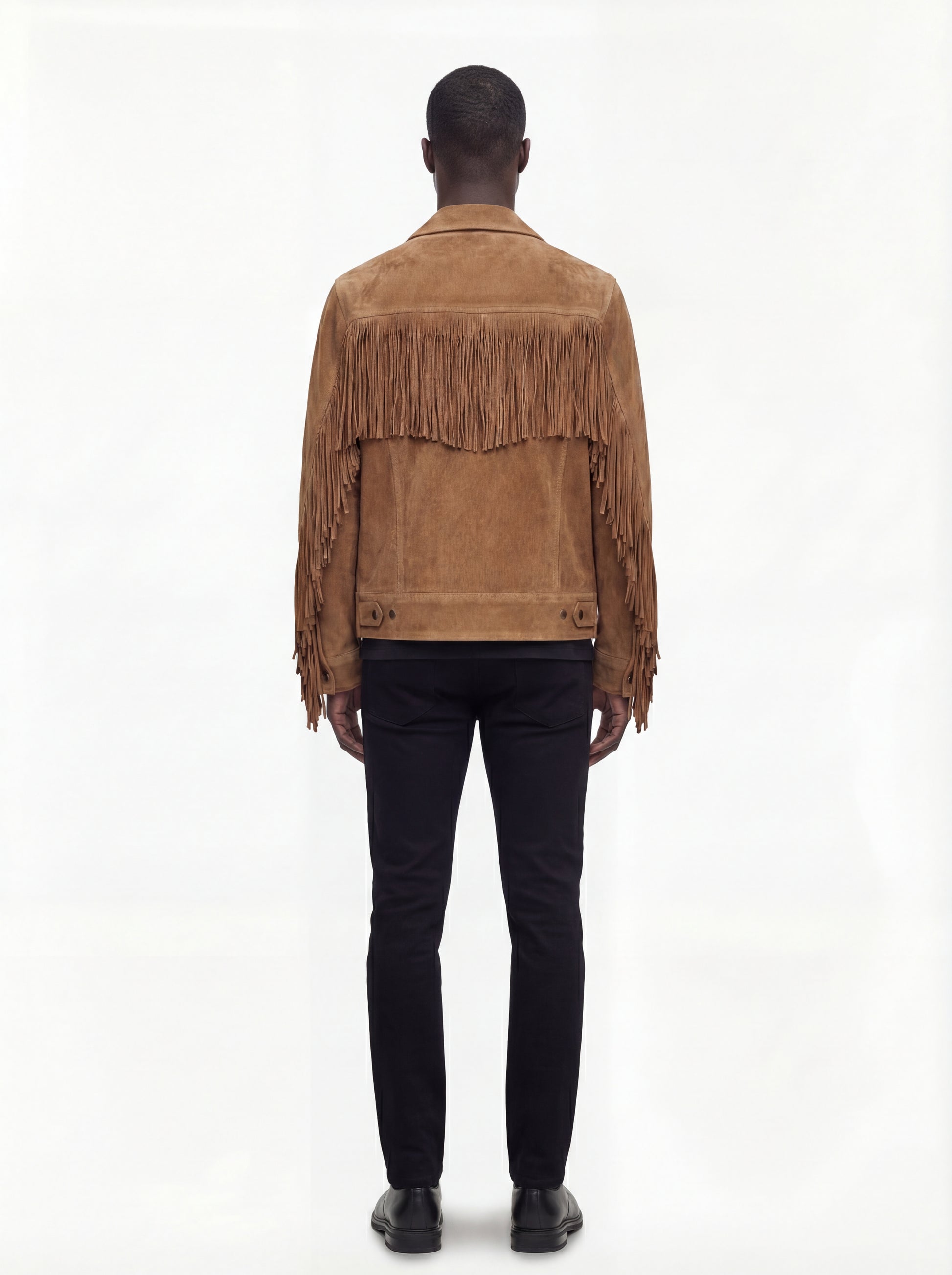Rear view of male model wearing Maverick Cassidy suede fringe jacket showing broad shoulder fit and back fringe styling. Maverick Jacket.