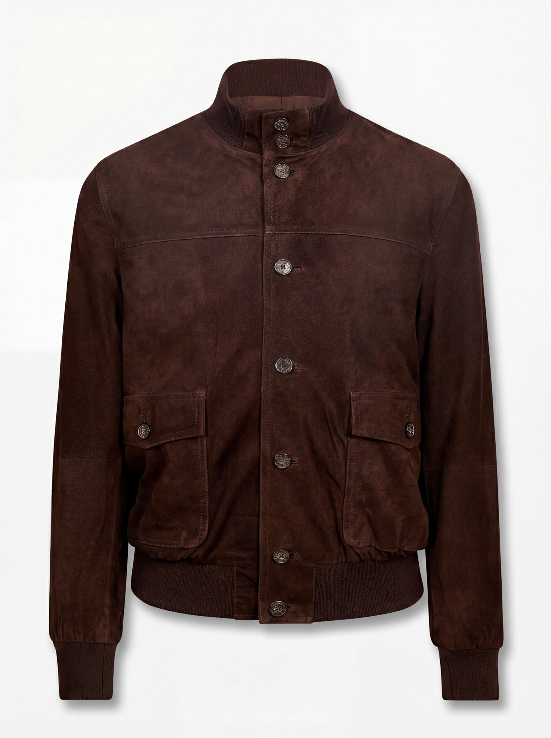 Men's brown suede bomber jacket with ribbed knit collar and silver zipper closure, Front View. The Arthur by Maverick Jacket.