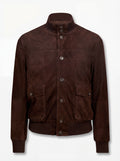 Men's brown suede bomber jacket with ribbed knit collar and silver zipper closure, Front View. The Arthur by Maverick Jacket.