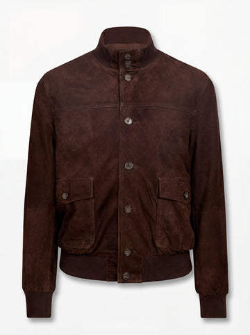 Men's brown suede bomber jacket with ribbed knit collar and silver zipper closure, Front View. The Arthur by Maverick Jacket.
