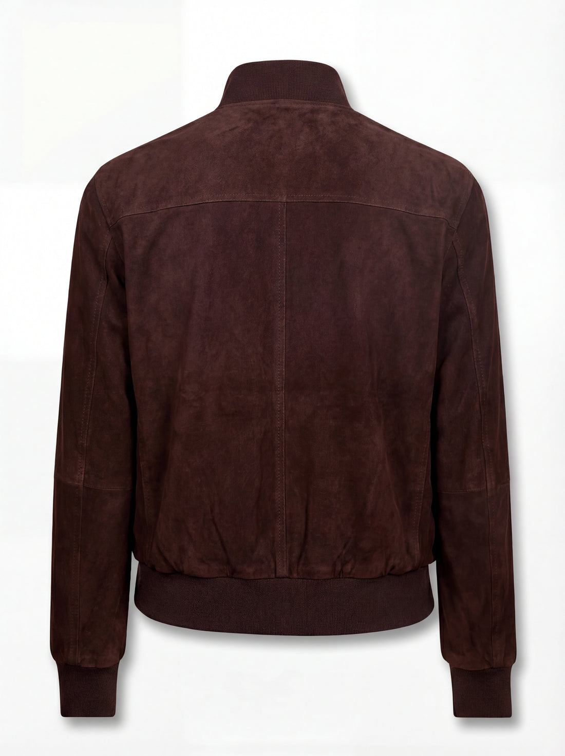 Men's brown suede bomber jacket with ribbed knit collar and silver zipper closure, Front View. The Arthur by Maverick Jacket.