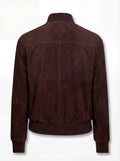 Rear view of brown suede bomber jacket showing clean back paneling and ribbed hem. The Arthur by Maverick Jacket.