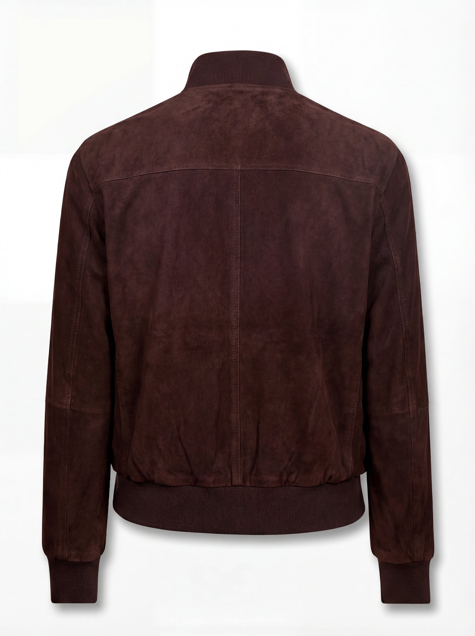 Rear view of brown suede bomber jacket showing clean back paneling and ribbed hem. The Arthur by Maverick Jacket.