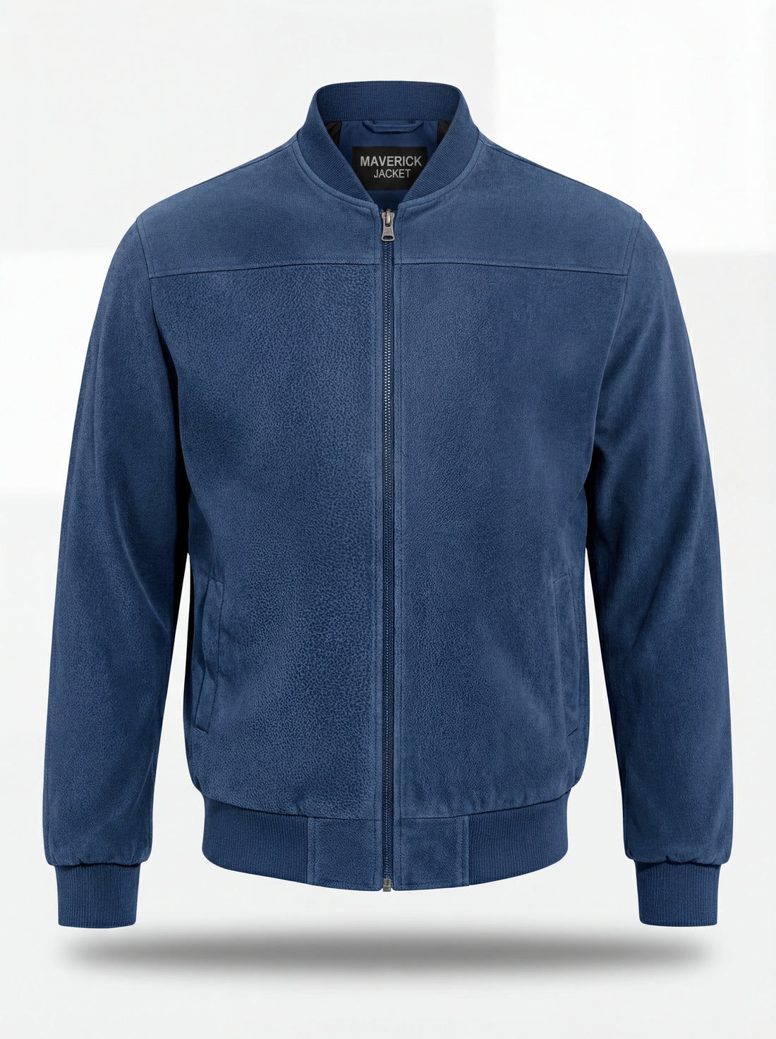 Men's blue suede bomber jacket with ribbed knit collar and silver zipper closure, Front View. The Jude by Maverick Jacket.