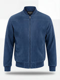 Men's blue suede bomber jacket with ribbed knit collar and silver zipper closure, Front View. The Jude by Maverick Jacket.