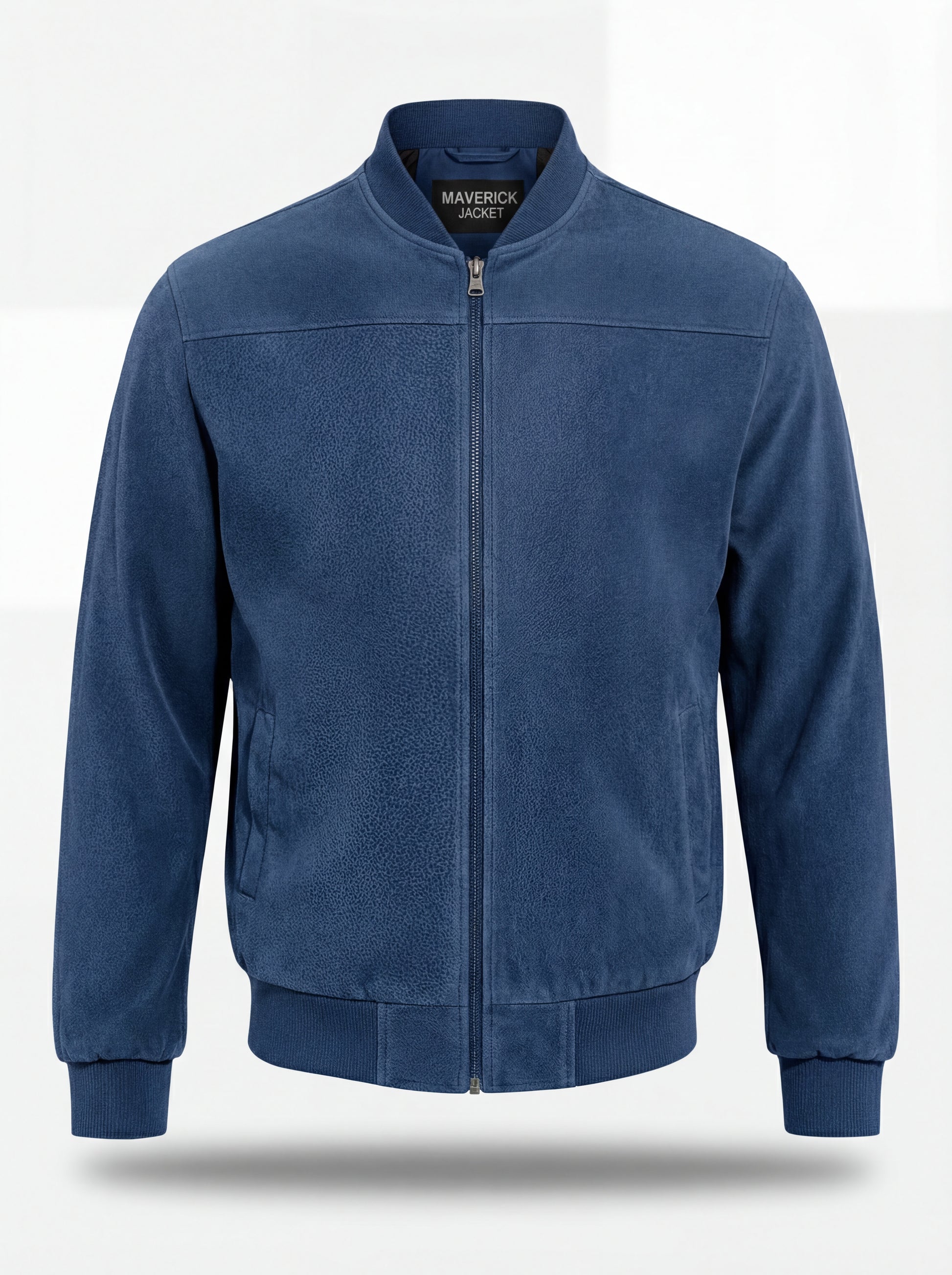 Men's blue suede bomber jacket with ribbed knit collar and silver zipper closure, Front View. The Jude by Maverick Jacket.