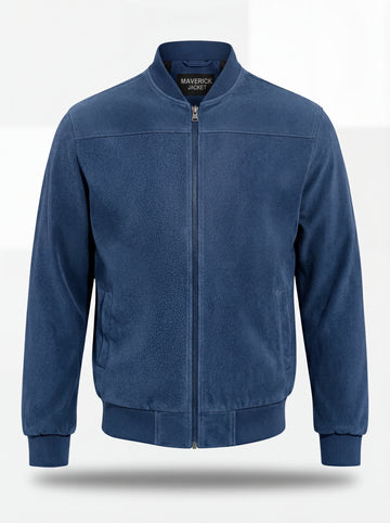 Men's blue suede bomber jacket with ribbed knit collar and silver zipper closure, Front View. The Jude by Maverick Jacket.