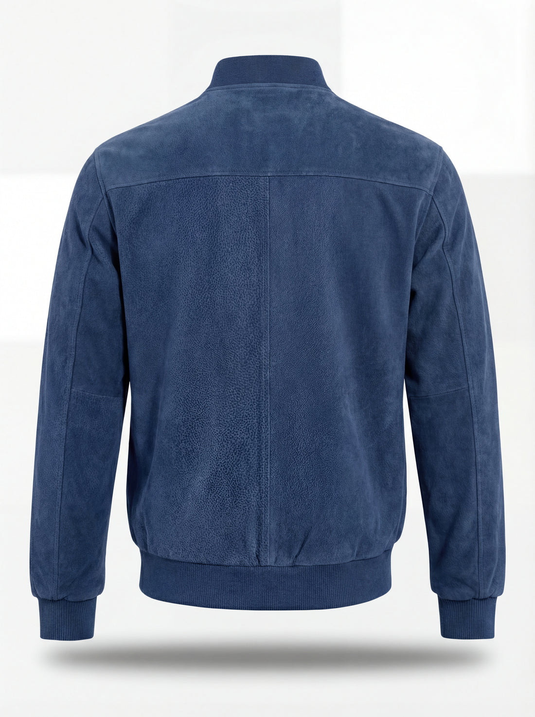 Men's blue suede bomber jacket with ribbed knit collar and silver zipper closure, Front View. The Jude by Maverick Jacket.