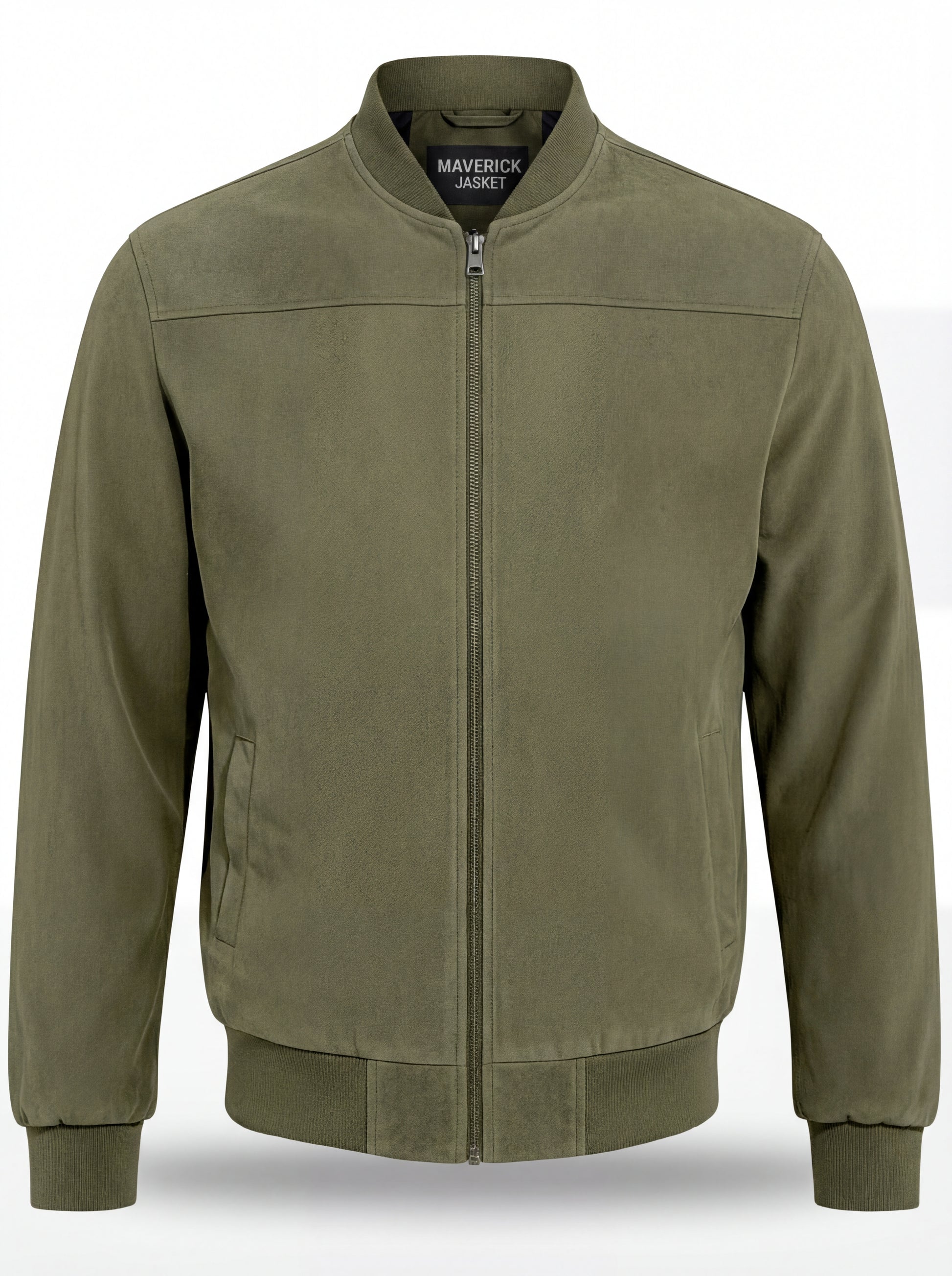 Men's olive green suede bomber jacket with ribbed knit collar and silver zipper closure, Front View. The Evan by Maverick Jacket.