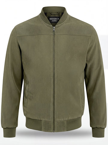 Men's olive green suede bomber jacket with ribbed knit collar and silver zipper closure, Front View. The Evan by Maverick Jacket.
