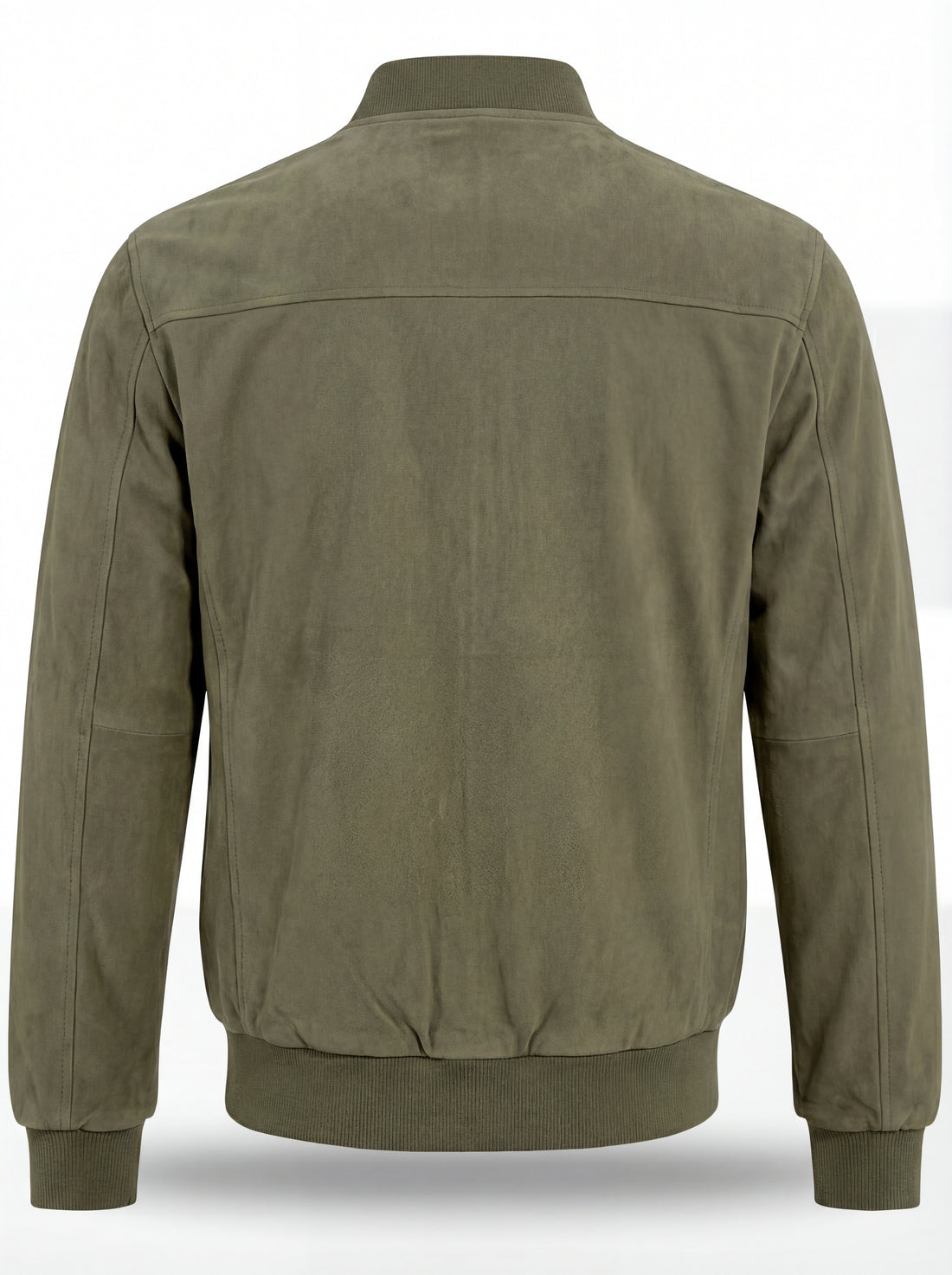 Men's olive green suede bomber jacket with ribbed knit collar and silver zipper closure, Front View. The Evan by Maverick Jacket.