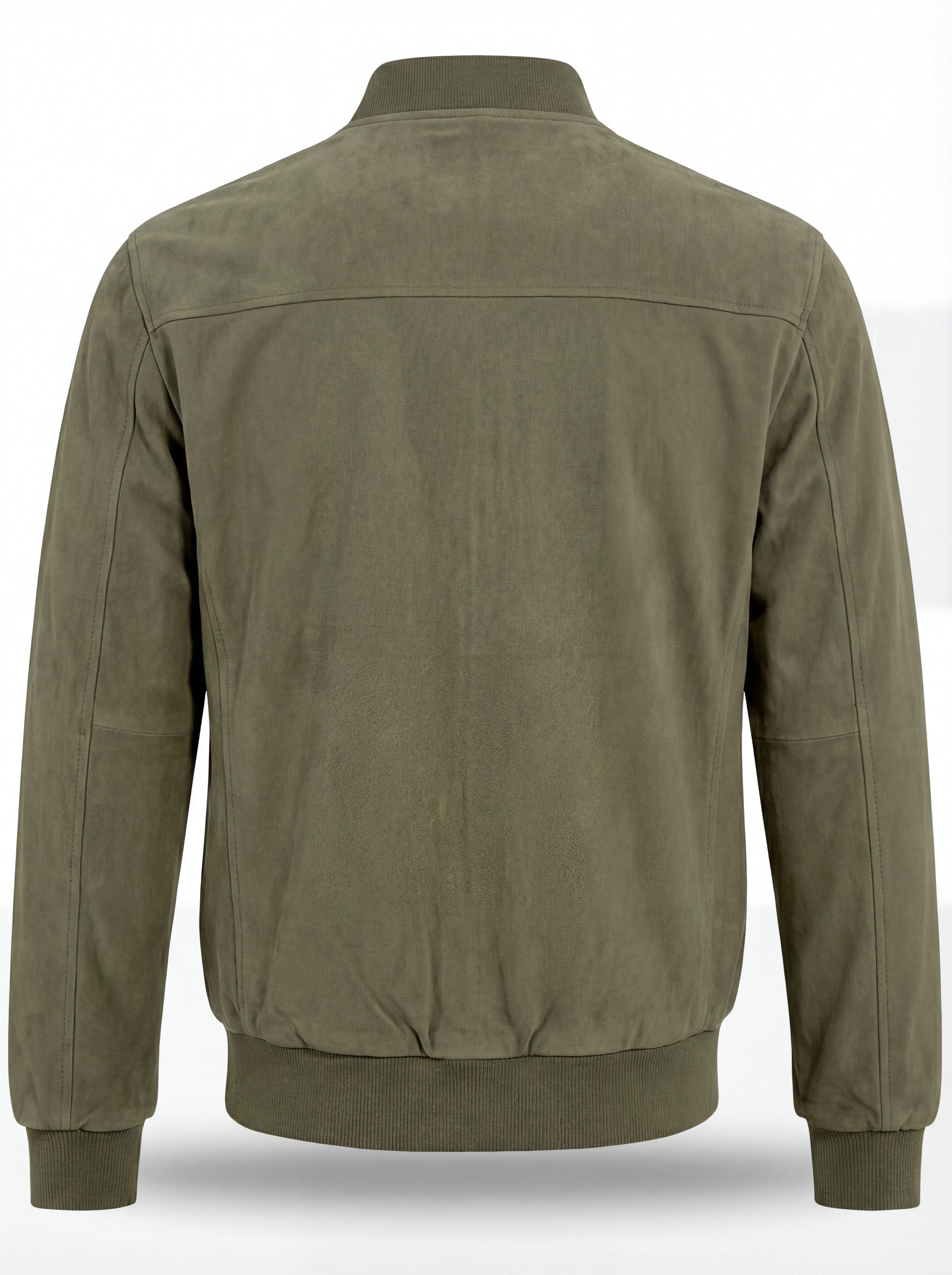 Rear view of olive green suede bomber jacket showing clean back paneling and ribbed hem. The Evan by Maverick Jacket.