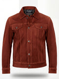 Men's rust suede trucker jacket with silver snap buttons and dual chest flap pockets, Front View. The Rowan by Maverick Jacket.