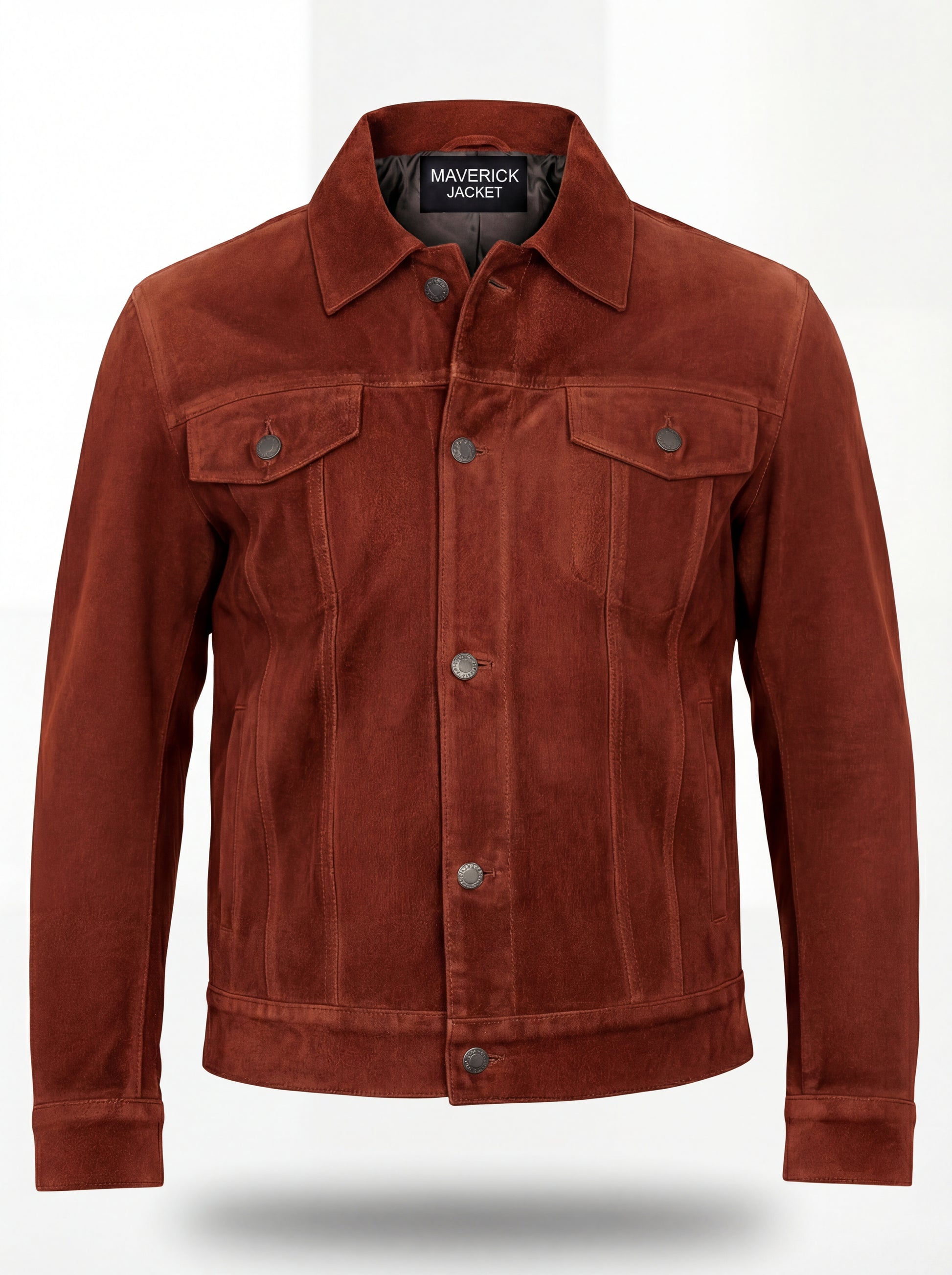 Men's rust suede trucker jacket with silver snap buttons and dual chest flap pockets, Front View. The Rowan by Maverick Jacket.