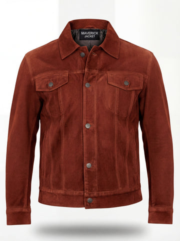 Men's rust suede trucker jacket with silver snap buttons and dual chest flap pockets, Front View. The Rowan by Maverick Jacket.